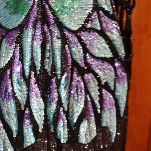 Vintage 80s Silk Sequin Peacock Butterfly Evening Gown Maxi Dress - Picture 13 of 16